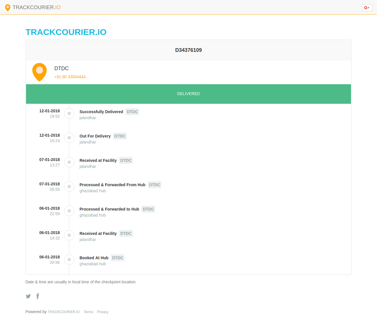 DTDC courier tracking sample snapshot